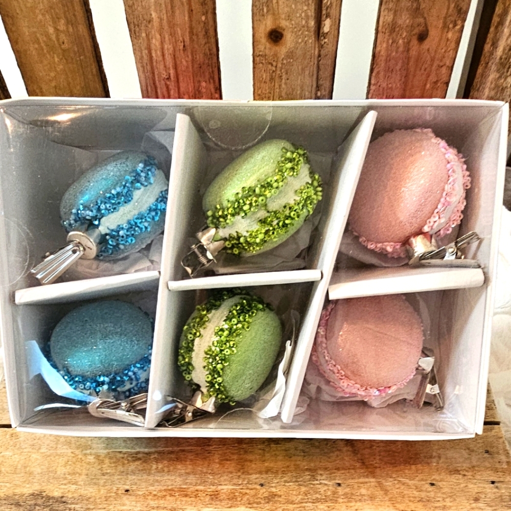 Sugarplum Dreams Macaron Glass Clip On Ornaments Pastel Bakery Glittered 2 Sets
